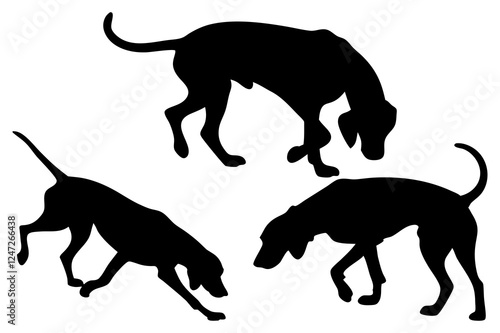 Dog Scent Tracking SVG Clipart Set – Bloodhound, GSP, and Dachshund Sniffing Silhouettes – Vector Art for Logos, Prints & Digital Designs on white background.