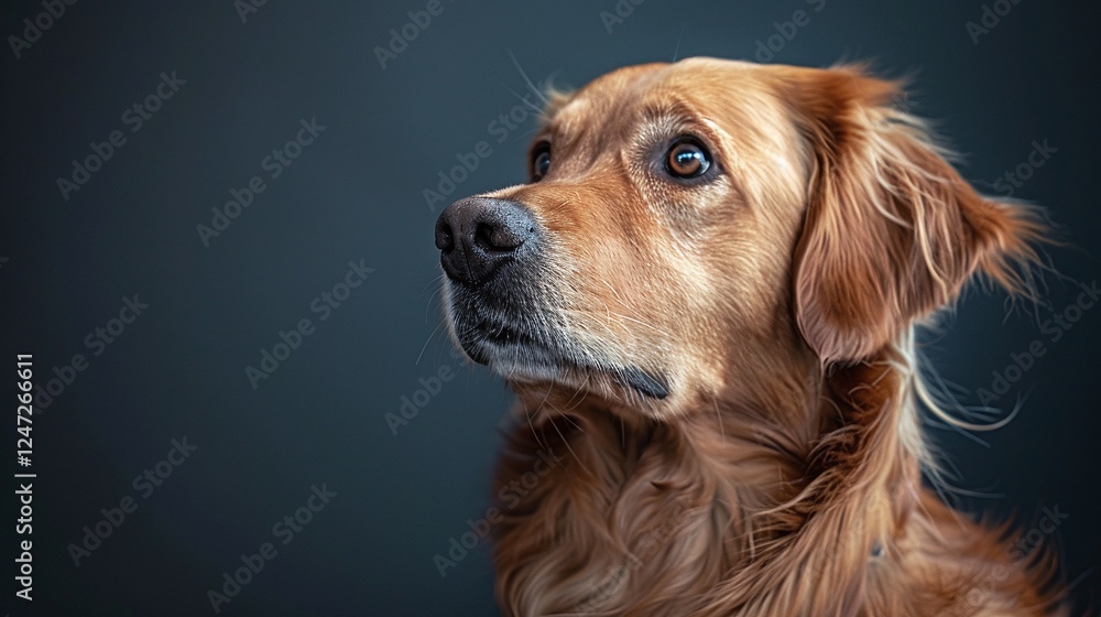 Thoughtful golden dog portrait, side profile with dark background, serious expression, minimalist pet photography, elegant and focused look, detailed fur, isolated indoor studio shot
Thoughtful golden dog portrait, side profile with dark background, serious expression, minimalist pet photography, elegant and focused look, detailed fur, isolated indoor studio shot