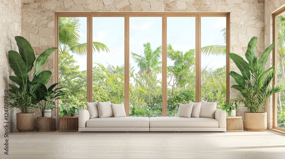 A bright, modern living room with a large window, showcasing lush greenery and decorated with potted plants and a cozy sofa. A bright, modern living room with a large window, showcasing lush greenery and decorated with potted plants and a cozy sofa.