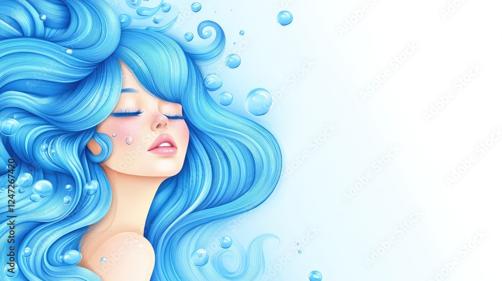 A serene illustration of a woman with flowing blue hair surrounded by bubbles. A serene illustration of a woman with flowing blue hair surrounded by bubbles.