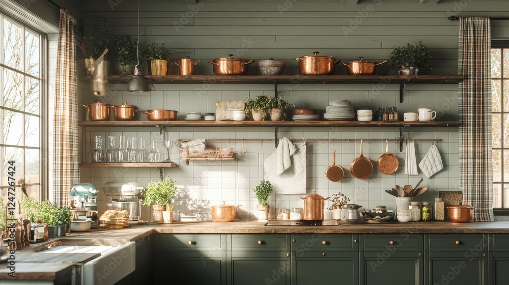 A cozy kitchen with green cabinets, copper cookware, and shelves filled with plants, dishes, and glassware, bathed in natural light. A cozy kitchen with green cabinets, copper cookware, and shelves filled with plants, dishes, and glassware, bathed in natural light.