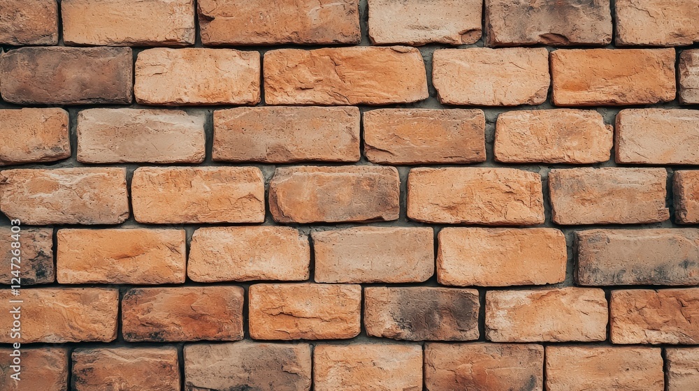 Obraz premium A textured wall made of orange-brown bricks, showcasing a rustic and sturdy appearance ideal for backgrounds or architectural designs.