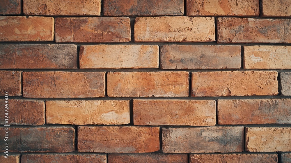 Obraz premium Textured brick wall featuring a mix of orange and brown tones, providing a rustic and industrial aesthetic.
