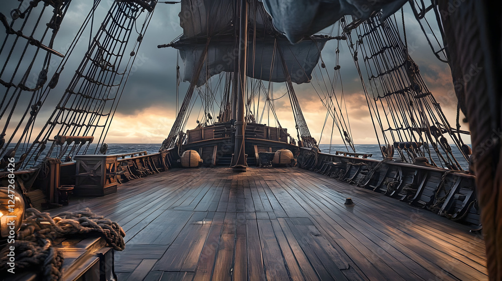 Fototapeta premium A deserted pirate ship deck with wooden planks, sails, and rigging, set against a moody sky backdrop for a theater stage scene.