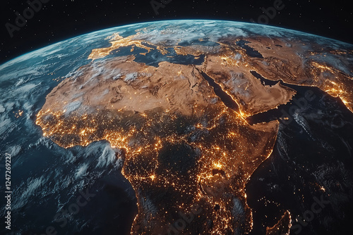 Fototapeta Naklejka Na Ścianę i Meble -  Earth from space at night, showcasing illuminated cities and landscapes across Africa and Europe, highlighting communication networks and urban development