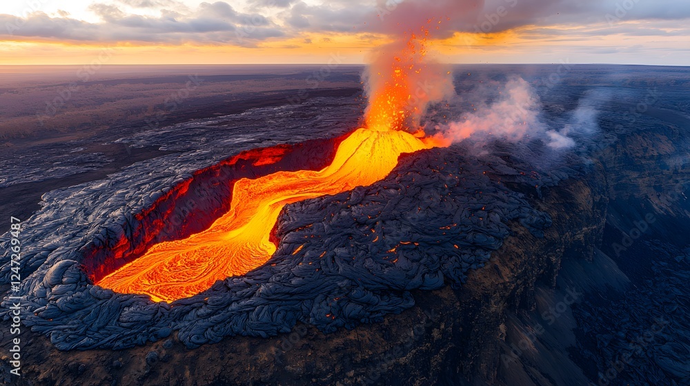 Fototapeta premium Aerial View of Volcanic Eruption at Sunset
