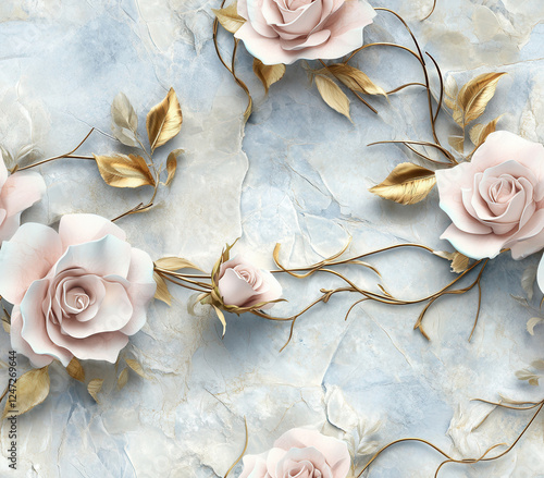 Elegant floral design featuring soft pink roses and golden leaves on textured blue background, creating serene and sophisticated atmosphere