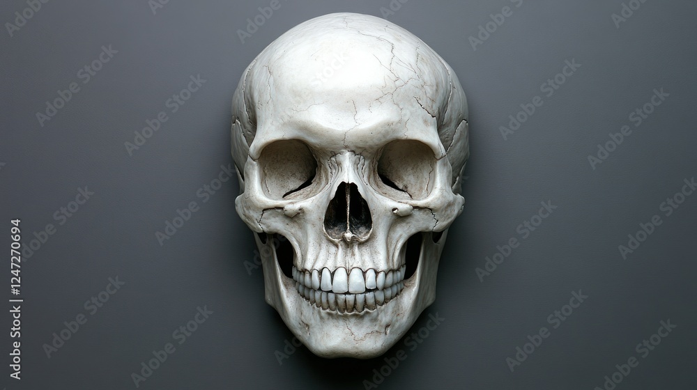 Human skull, frontal view, gray background, anatomy study Human skull, frontal view, gray background, anatomy study