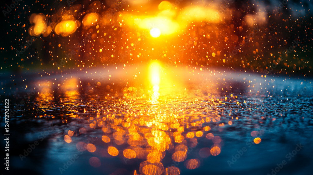 Close-up of water droplets on a smooth reflective surface, symbolizing nature's delicate beauty and the harmonious interaction between light and water in a tranquil setting Close-up of water droplets on a smooth reflective surface, symbolizing nature's delicate beauty and the harmonious interaction between light and water in a tranquil setting