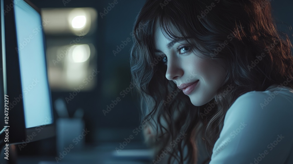 Woman working in an office with wavy hair, white skin, beautiful smile generative ai Woman working in an office with wavy hair, white skin, beautiful smile generative ai