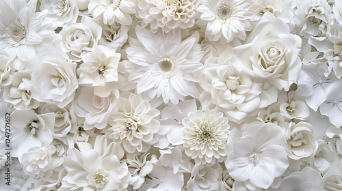 wall of white flowers roses chrysanthemums lilies daisies silk petals paper blooms