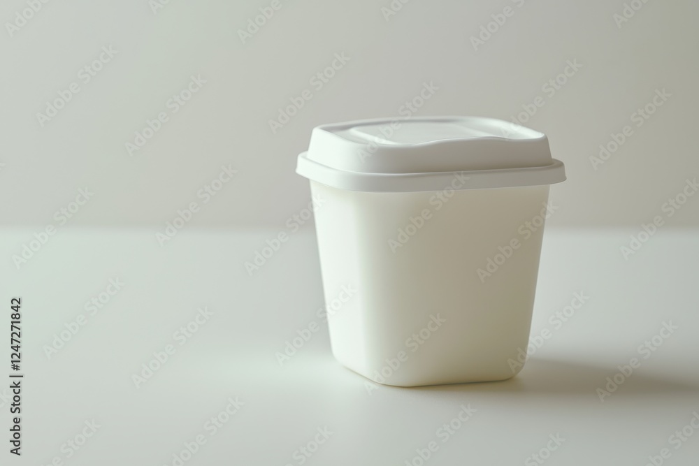 Fresh yogurt container placed on a clean surface with a minimalistic design under natural light Fresh yogurt container placed on a clean surface with a minimalistic design under natural light