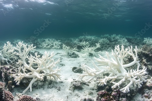 Coral reef showing severe bleaching with marine life struggling to survive in pale waters photo