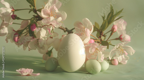 white egg pastel easter display cherry blossoms soft hues macro photography elegant composition photo