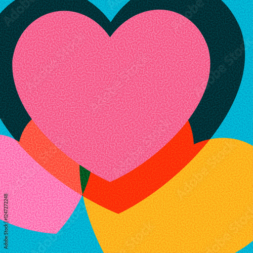 A colorful arrangement of layered hearts with textured details on a bright blue background. Vector illustration.