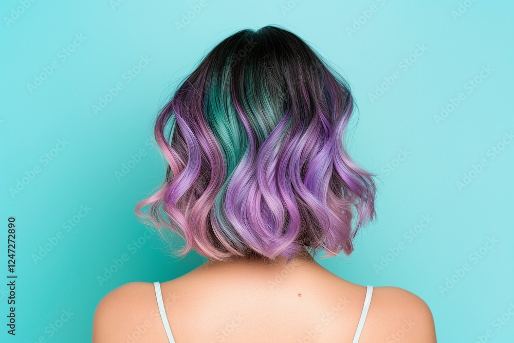 Naklejka premium Purple and blue ombre hairstyle, shoulder-length wavy hair, bold and trendy hair colors, gradient pastel tones, modern hair styling, vibrant creative look, isolated on light background