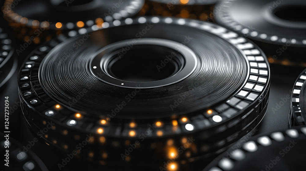 Luxurious black film reel close up in minimalist style, representing high-end cinematic elegance, film festivals, and celebrations with blurred empty space, ideal for modern promotions in black and wh