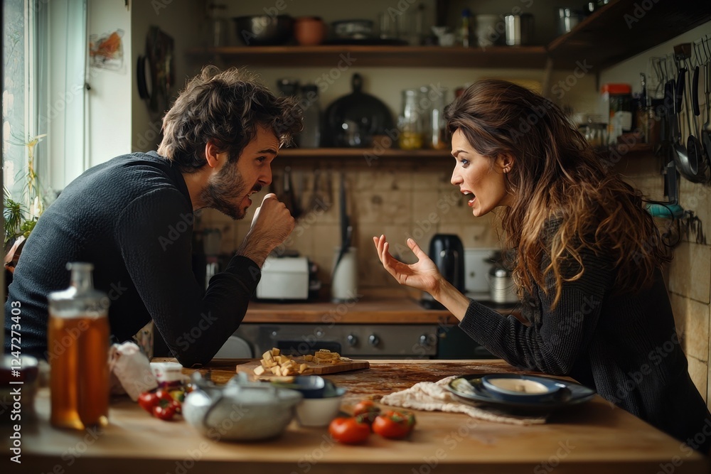Couple argues in a small kitchen over unresolved issues while preparing food together in a cozy domestic setting Couple argues in a small kitchen over unresolved issues while preparing food together in a cozy domestic setting