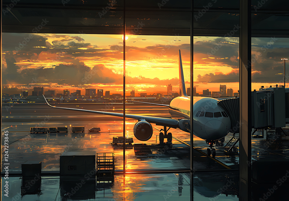 Fototapeta premium Stunning Sunset at the Airport with Airplane at Gate