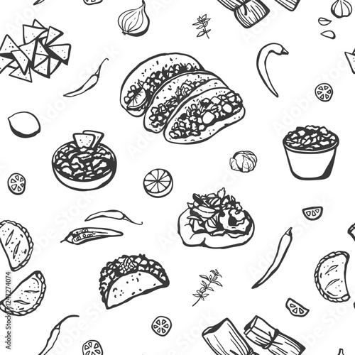 Hand drawn Mexican dishes and products seamless pattern. Simple design of Mexican cuisine for textile, fabric, wrapping paper