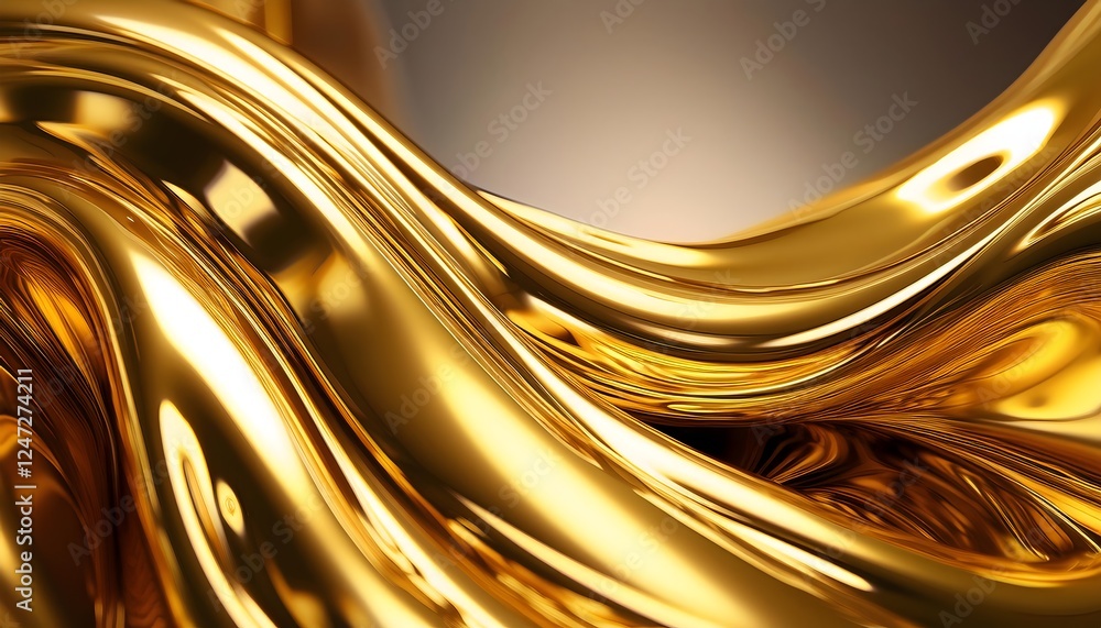 Obraz premium Glossy gold metal fluid glossy chrome mirror water effect abstract background. Golden splash surface wallpaper design