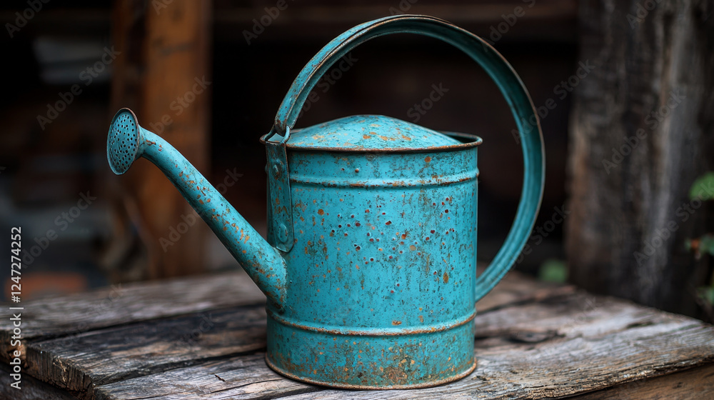 Rustic blue watering can, showing signs of age and wear, rests on a weathered wooden surface. Rustic blue watering can, showing signs of age and wear, rests on a weathered wooden surface.