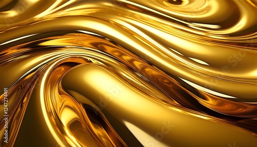 Glossy gold metal fluid glossy chrome mirror water effect abstract background. Golden splash surface wallpaper design