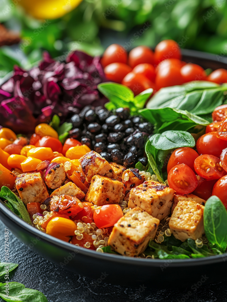 A colorful, close-up view of a healthy salad bowl with tofu, tomatoes, and black beans. A colorful, close-up view of a healthy salad bowl with tofu, tomatoes, and black beans.