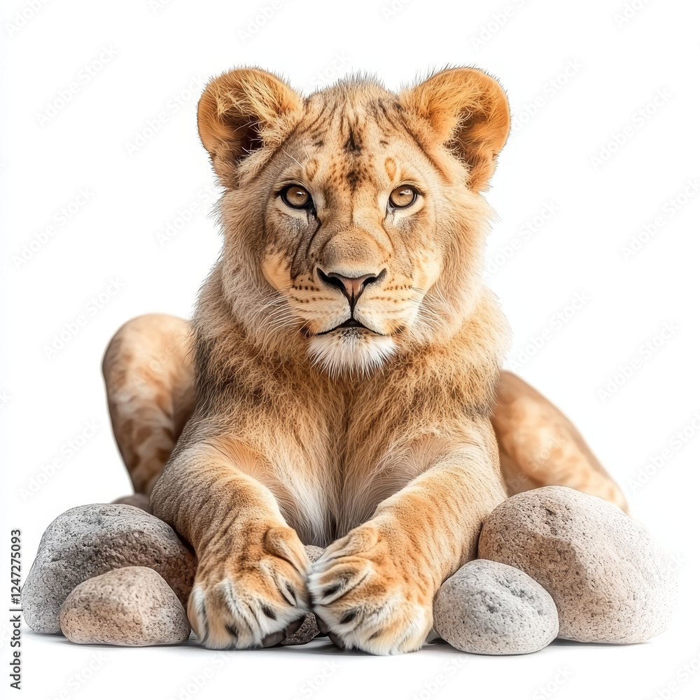 Obraz premium Young lion resting on rocks, facing forward with a majestic and tranquil gaze.