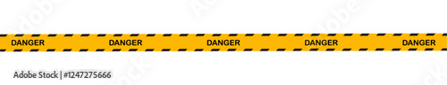 Seamless danger tape in yellow and black color on white background.  Danger ribbon sign stripe. Caution, safety tape. Yellow, black stripe danger tape for attention, hazard ribbon. 
