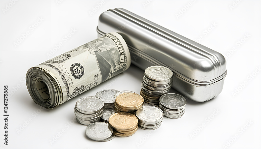 Aluminum hard case, rolled dollar banknotes and stack of coins on white background Aluminum hard case, rolled dollar banknotes and stack of coins on white background