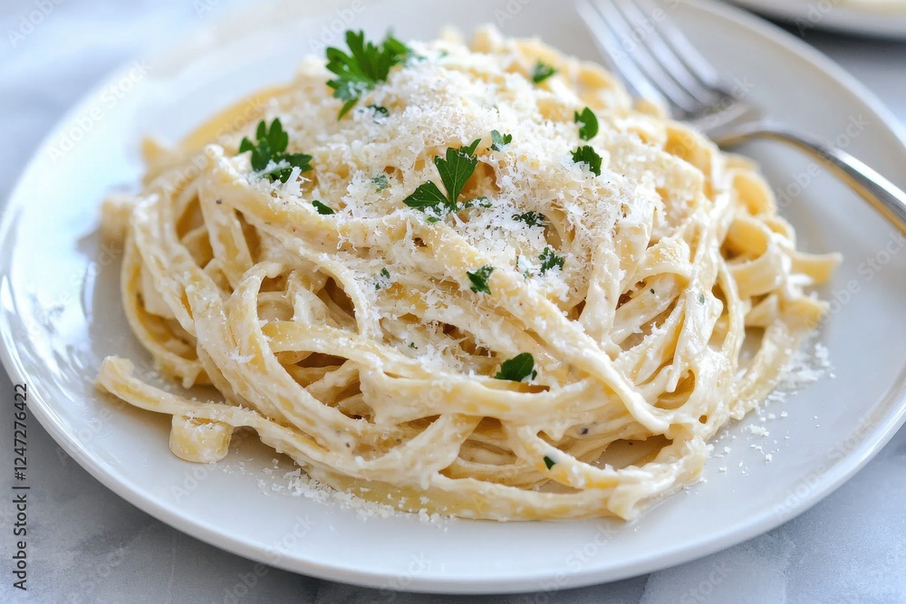 Delicious creamy fettuccine Alfredo garnished with Parmesan and parsley on a white plate Delicious creamy fettuccine Alfredo garnished with Parmesan and parsley on a white plate