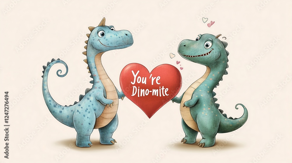 Naklejka premium Two cartoon dinosaurs hold a heart, expressing love with the text 'You're Dino-mite!'