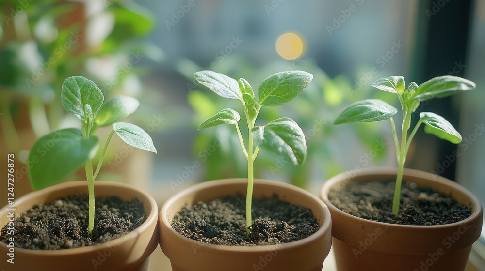 Indoor seedlings growing in pots by window Indoor seedlings growing in pots by window