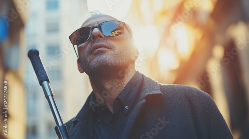visually impaired person, with sunglasses and cane for the blind, social inclusion, blurred background generative ai