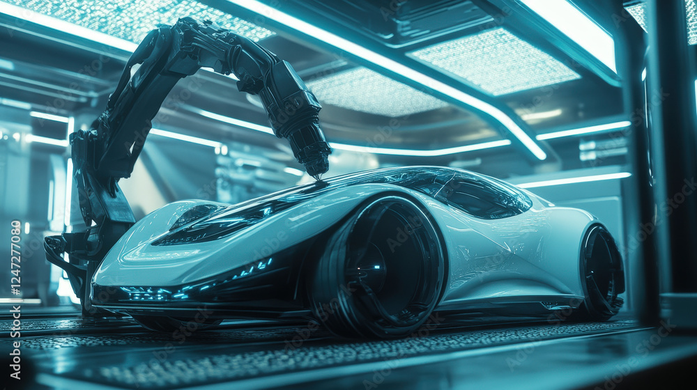 Fototapeta premium Futuristic AI-Powered Supercar in an Automated Factory