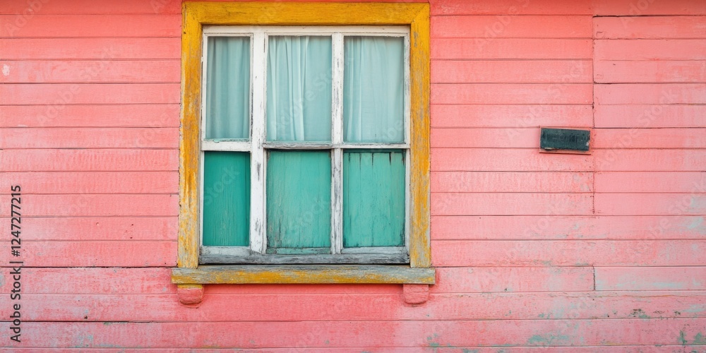 Fototapeta premium A window with a green trim sits in front of a pink wall. The window is open, and the curtains are drawn. The scene has a peaceful and calming mood, as the window lets in natural light