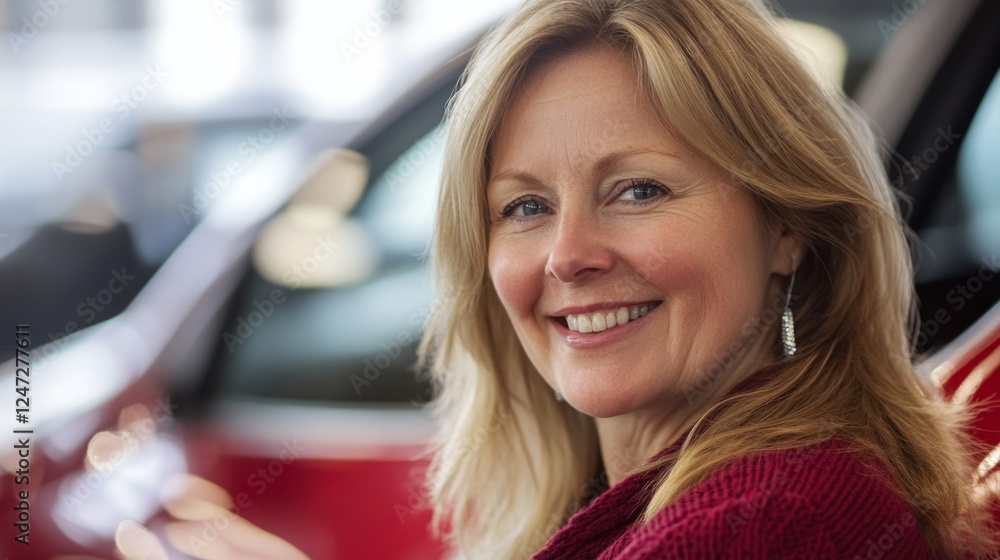 woman smiling in close-up, next to her new car, generative ai woman smiling in close-up, next to her new car, generative ai