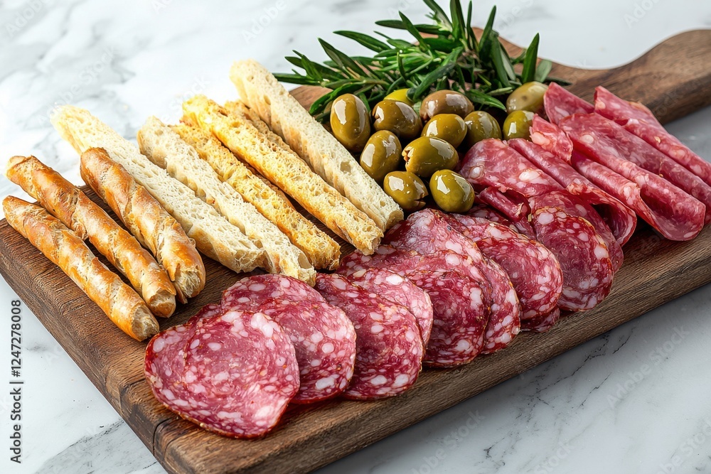 Platter of thinly sliced sausages, deli meats, crunchy breadsticks, and olives arranged on a minimalistic cutting board in a modern kitchen Platter of thinly sliced sausages, deli meats, crunchy breadsticks, and olives arranged on a minimalistic cutting board in a modern kitchen