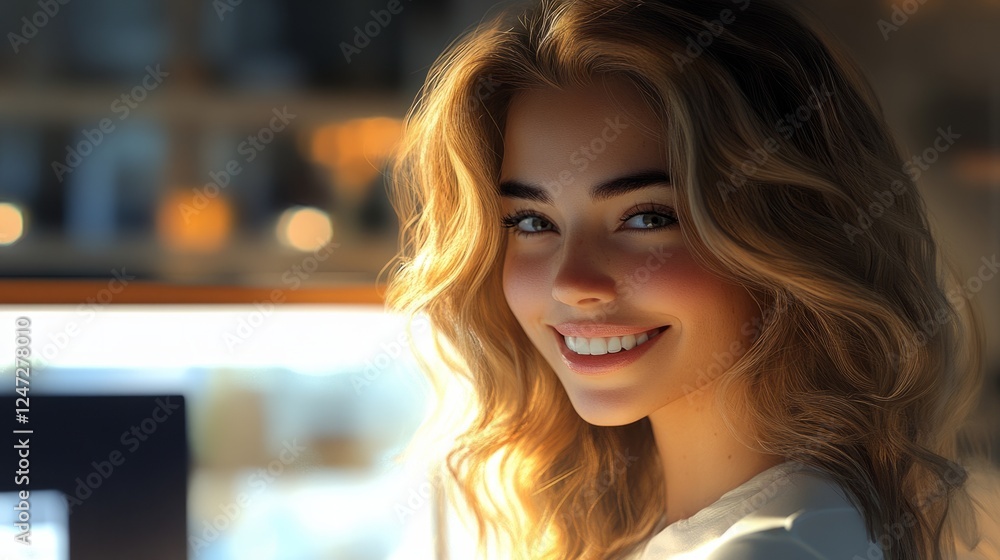Fototapeta premium woman with wavy hair, white skin, beautiful smile generative ai