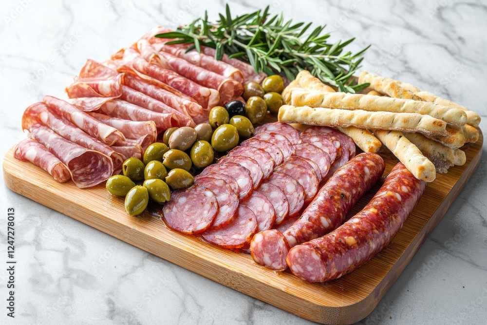 Sliced sausages and deli meats with breadsticks and olives on a marble background Sliced sausages and deli meats with breadsticks and olives on a marble background