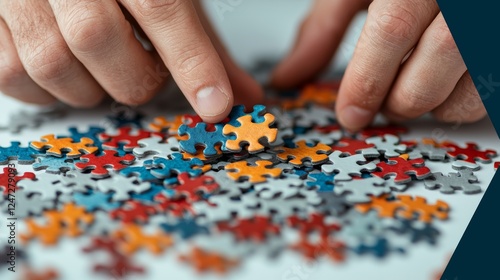 Hands Assembling a Colorful Puzzle Piece on a Table Surface for Creative Challenges