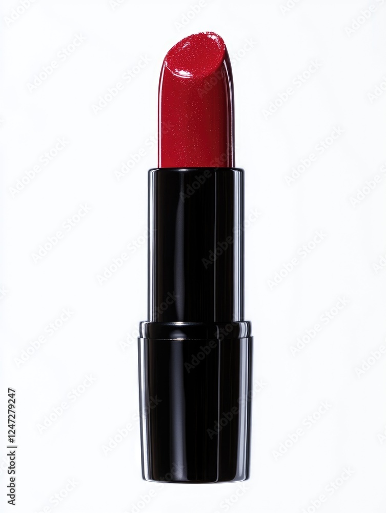 The lipstick is a bright red with a glossy finish. It is packaged in a sleek black tube and is designed for long-lasting wear. The lipstick is a bright red with a glossy finish. It is packaged in a sleek black tube and is designed for long-lasting wear.