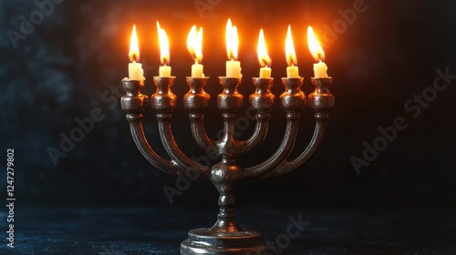 Hanukkah candles lit on a menorah, symbolizing the Jewish holiday and tradition of lighting candles for eight days to commemorate the miracle of oil. photo