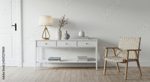 A minimalist living room featuring a sleek white console table with a simple elegant table lamp and decorative ceramic vases