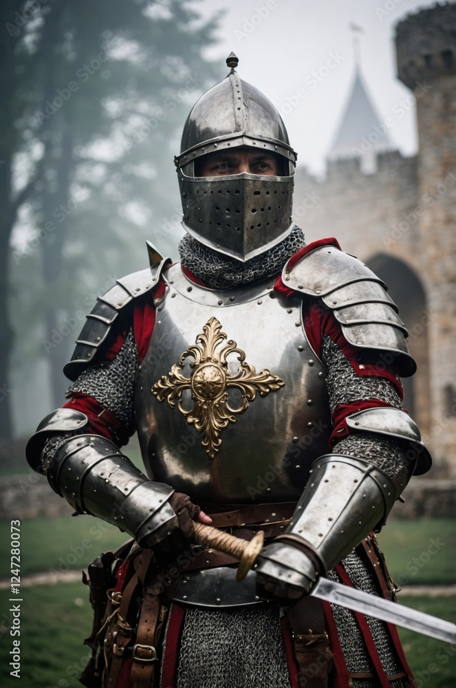 Armored Knight: A historical figure stands guard in full plate armor, poised with a sword, evoking a sense of medieval strength. Armored Knight: A historical figure stands guard in full plate armor, poised with a sword, evoking a sense of medieval strength.