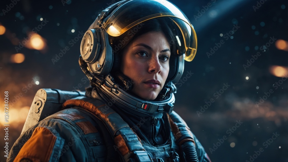 Portrait of a space explorer in full gear, set against a cosmic backdrop. Determined expression, ready for adventure. Portrait of a space explorer in full gear, set against a cosmic backdrop. Determined expression, ready for adventure.