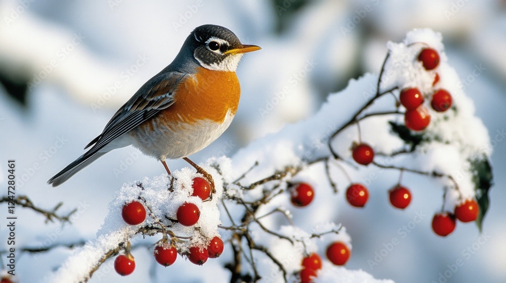 A bird is perched on a branch covered in snow and red berries. Concept of tranquility and beauty in the winter landscape A bird is perched on a branch covered in snow and red berries. Concept of tranquility and beauty in the winter landscape