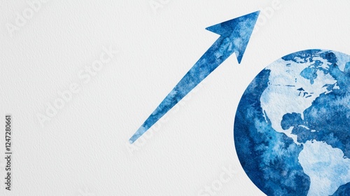 Watercolor Globe with Upward Arrow Illustrating Growth and Exploration Themes
