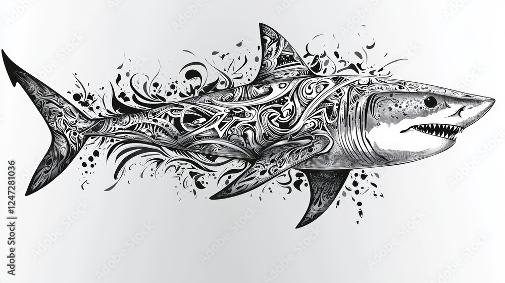 Black and White Tribal Feline Shark Artwork with Intricate Patterns and Details Black and White Tribal Feline Shark Artwork with Intricate Patterns and Details